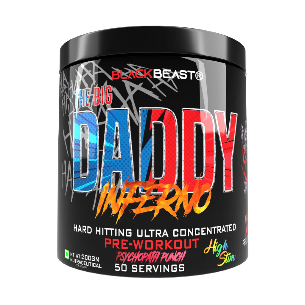 BlackBeast pre-workout supplement container labeled 'The Big Daddy Inferno'