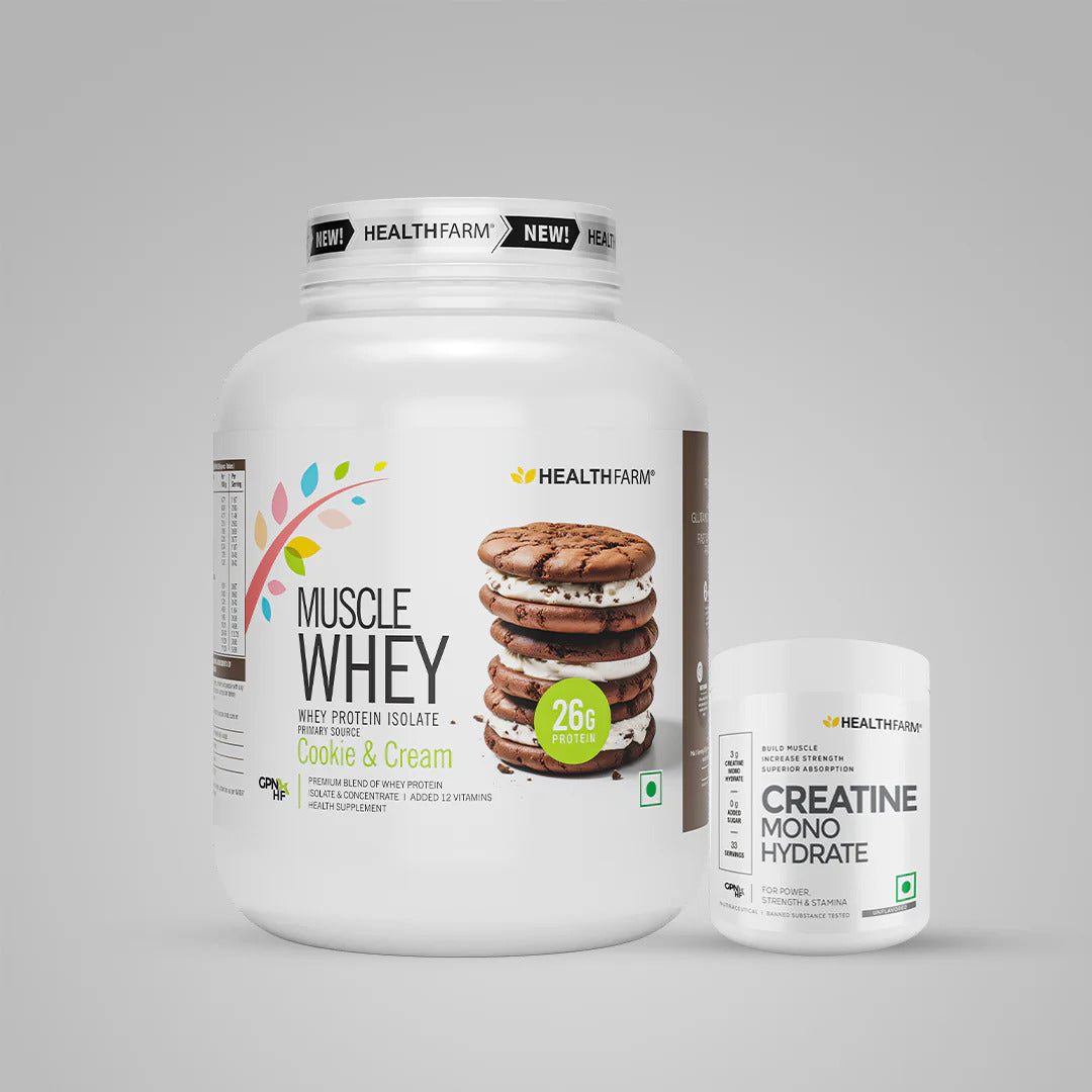 HealthFarm Muscle Whey Protein Isolate & Concentrate | Premium Blend of Whey Protein (2kg) + Creatine (100g)