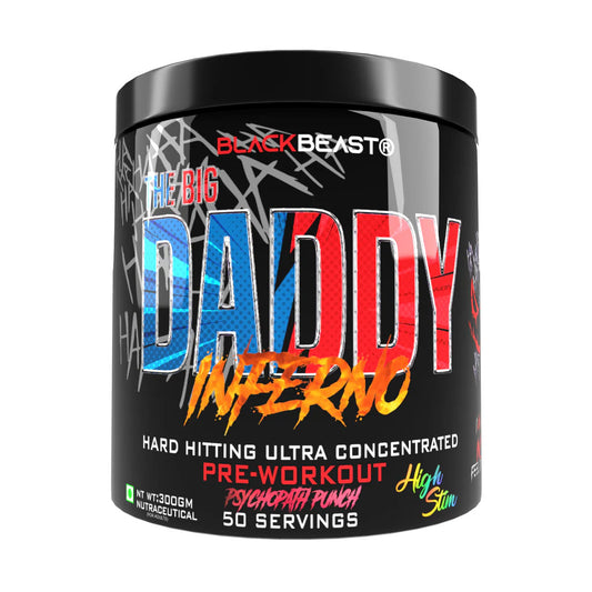 BlackBeast pre-workout supplement container labeled 'The Big Daddy Inferno' 